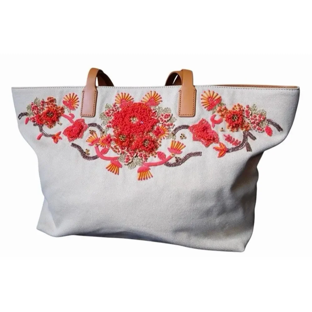 Tory Burch Rodeo Drive Ltd. Ed. Canvas Hand-Beaded Large Tote Bag Beach NWOT